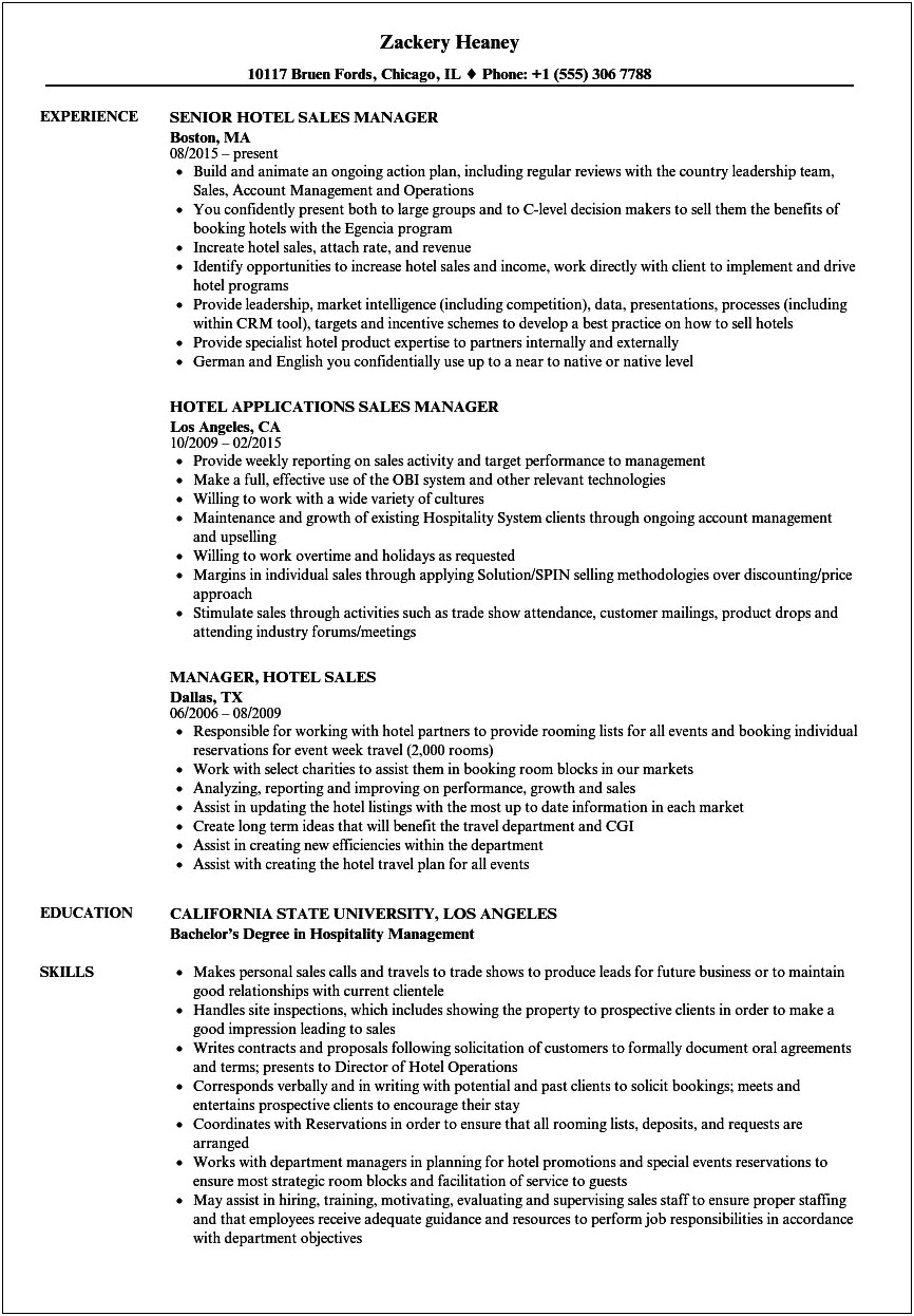 Hotel Sales Manager Job Description For Resume