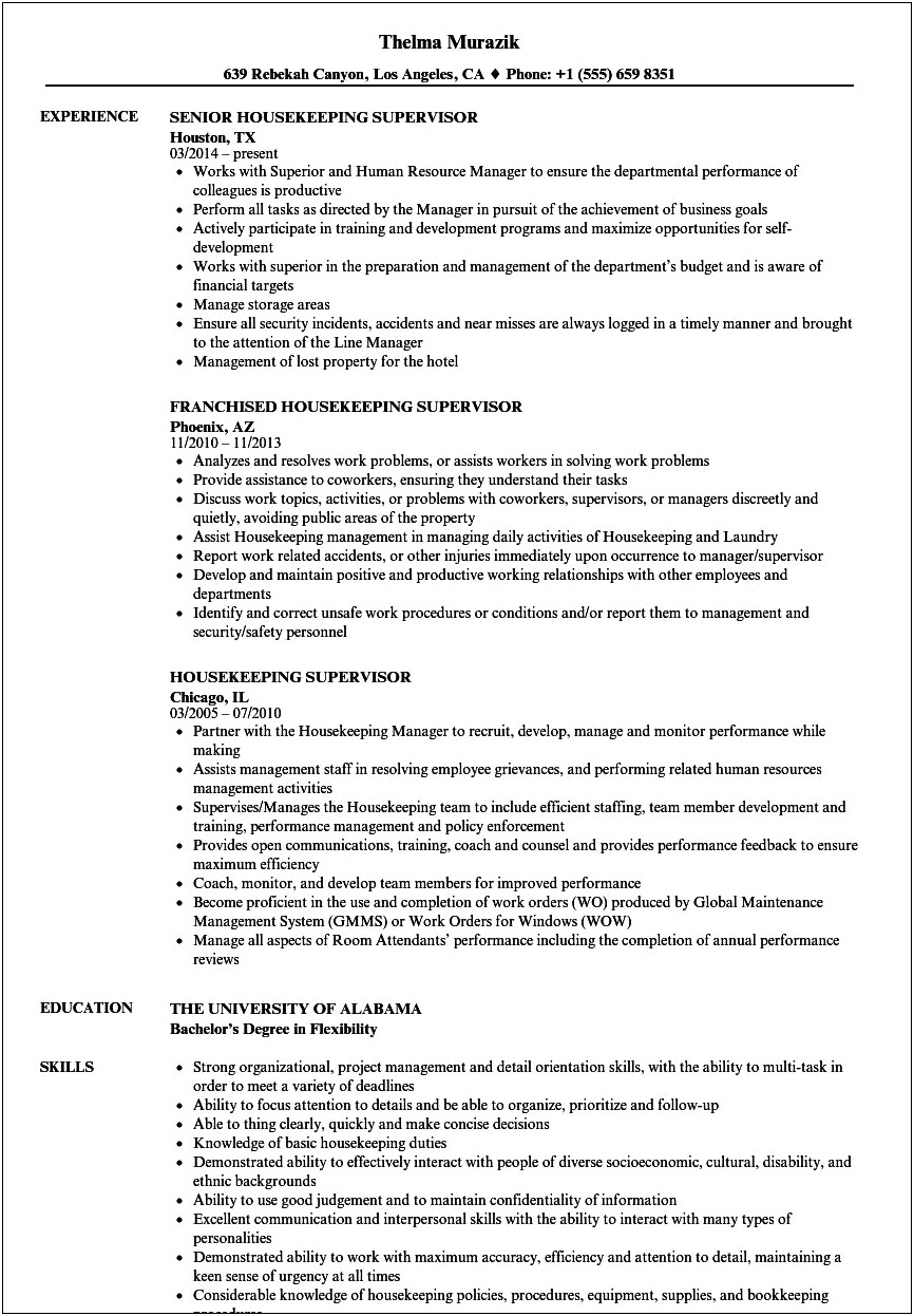 Hotel Supervisor Job Description For Resume