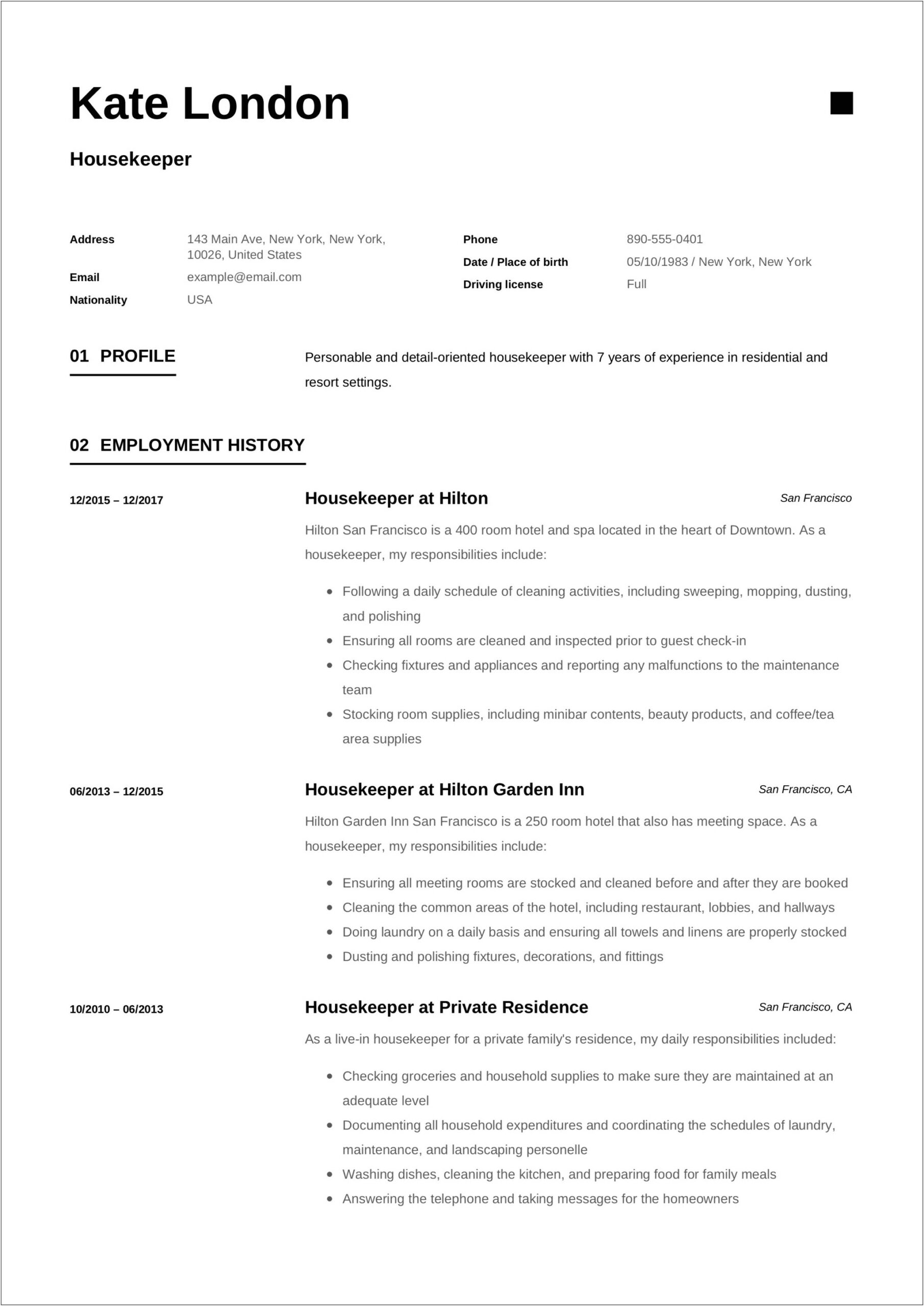 Housekeeping Manager Job Description For Resume
