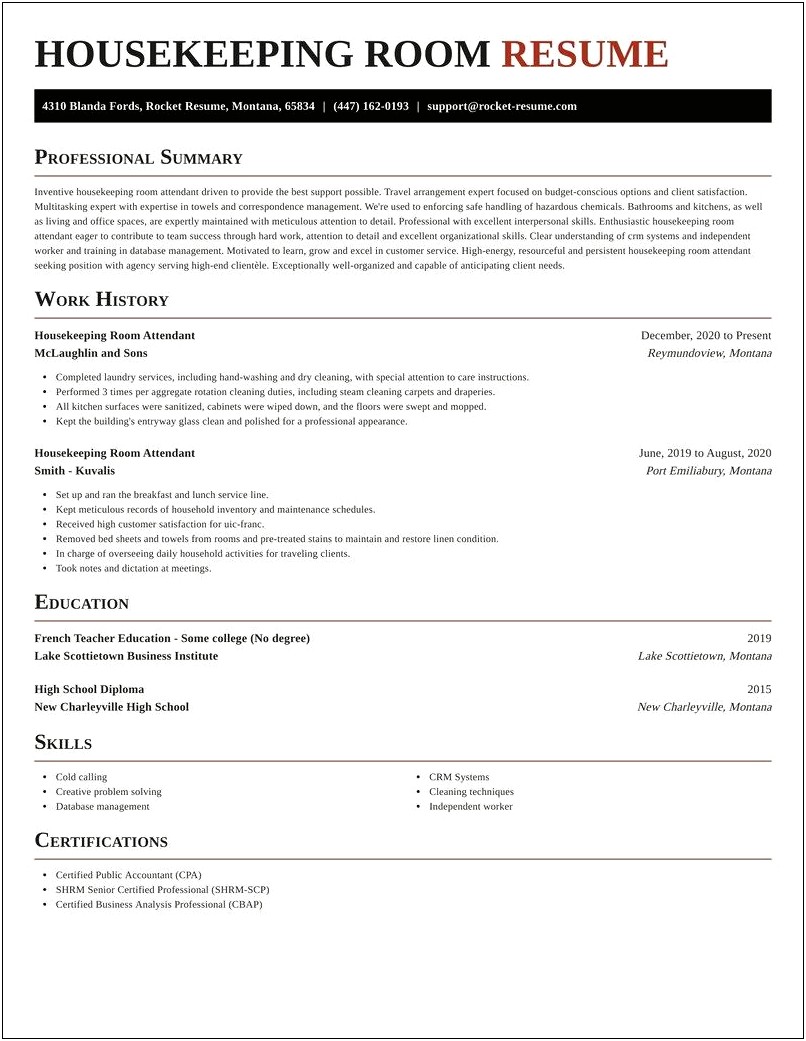 Housekeeping Room Attendant Resume No Experience