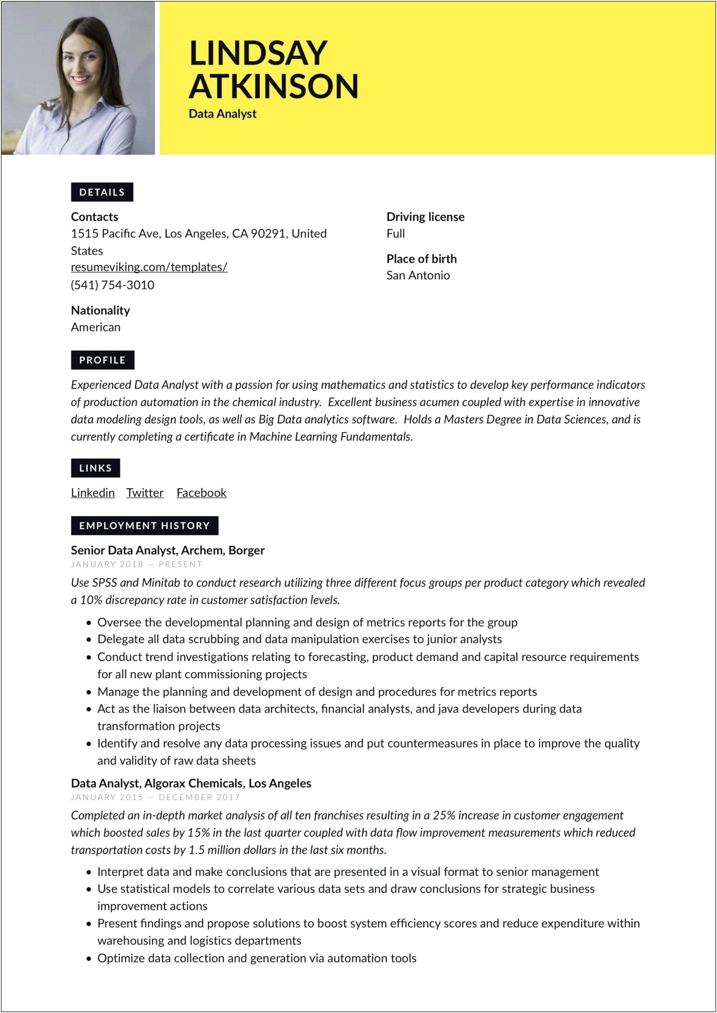 Hr Data Analyst And Reporter Sample Resume Pdf
