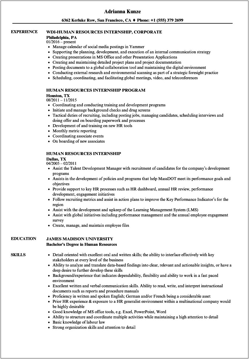 Hr Intern Job Description For Resume