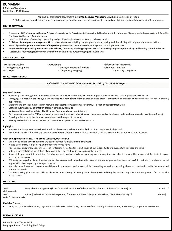 Hr Resume Sample For 7 Years Experience