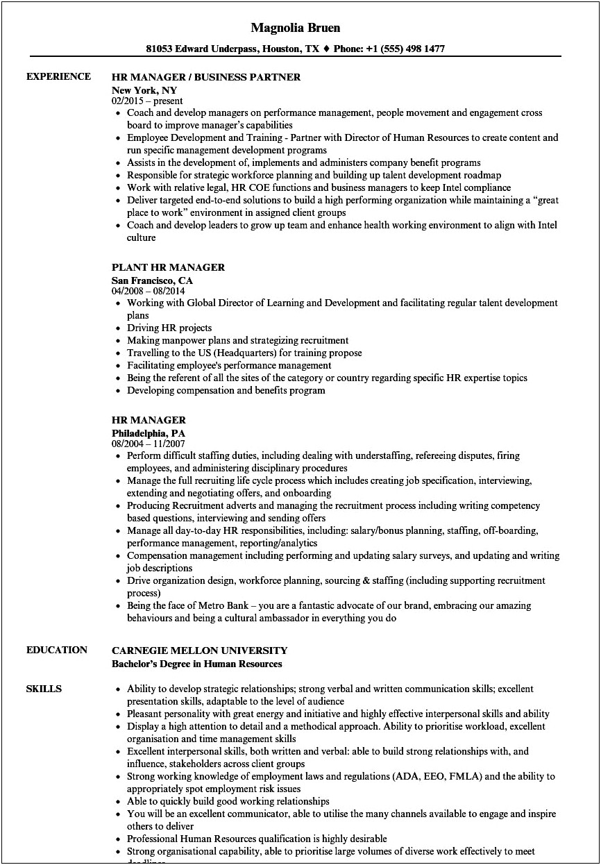 Hrm Skills And Abilities For Resume
