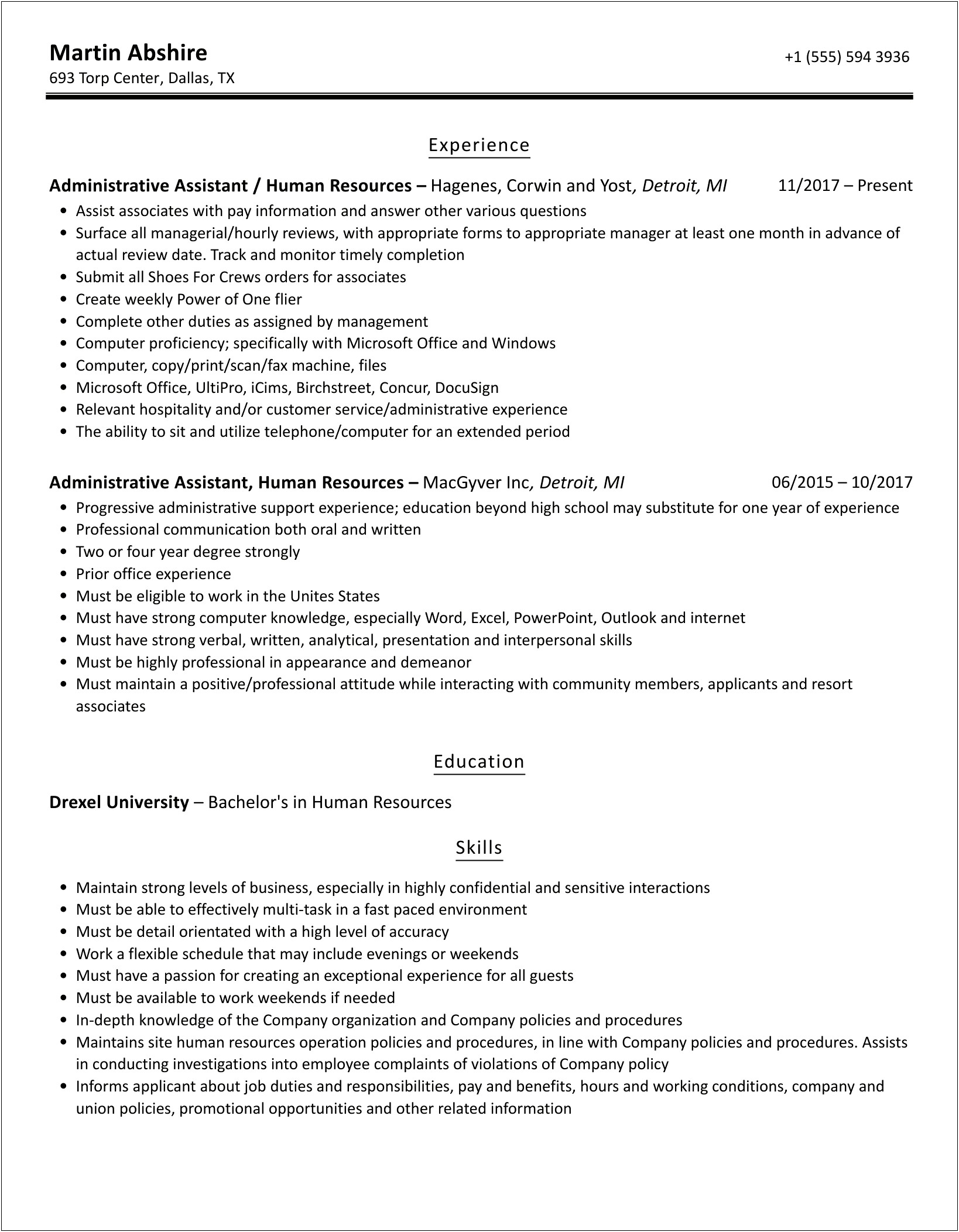 Human Resources Administrative Assistant Sample Resume