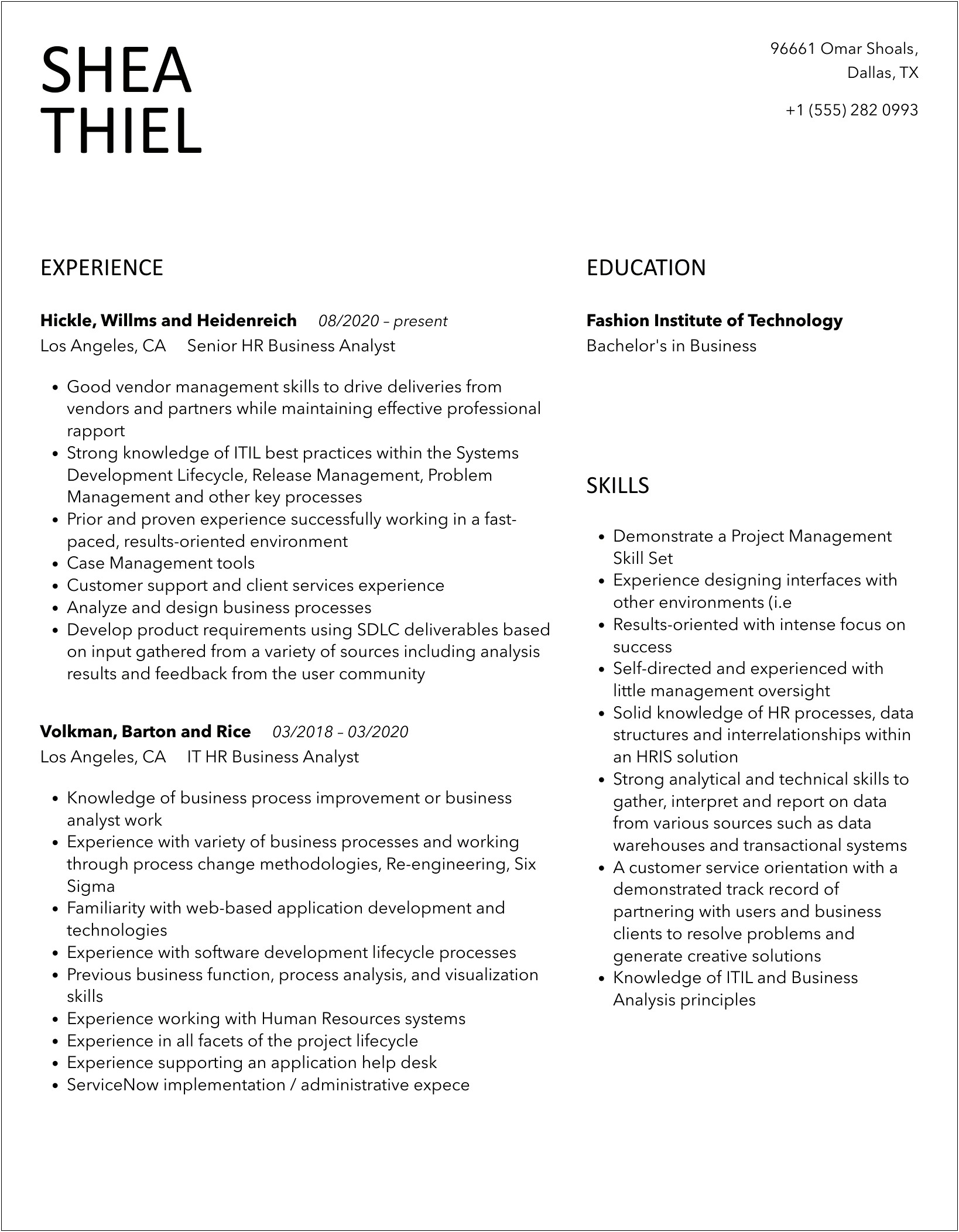Human Resources Business Analyst Resume Sample