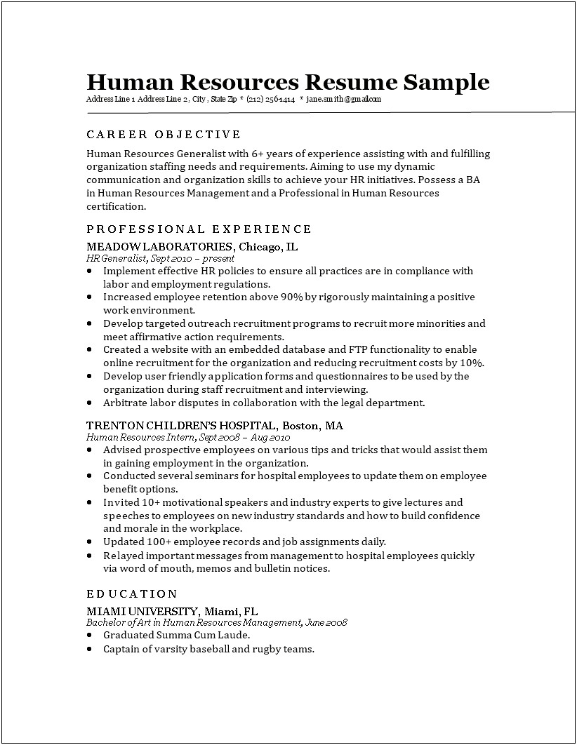 Human Resources Career Objective Examples Resume