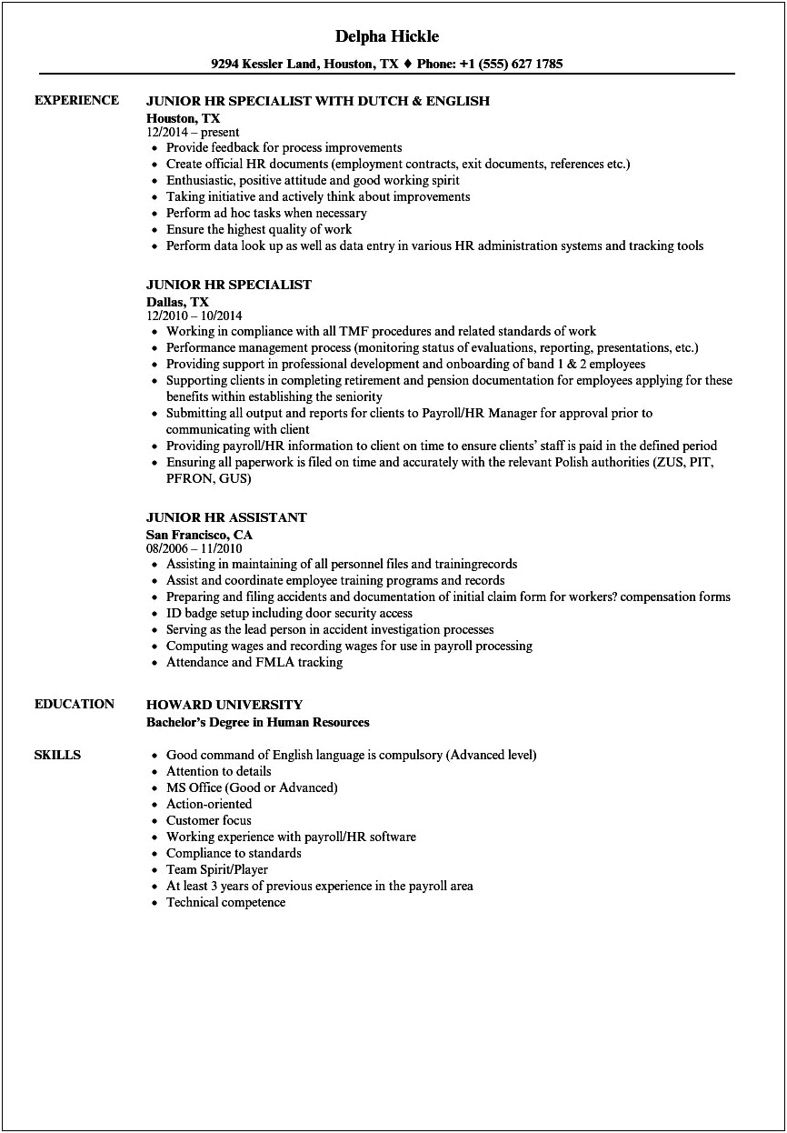 Human Resources Entry Level Resume Examples