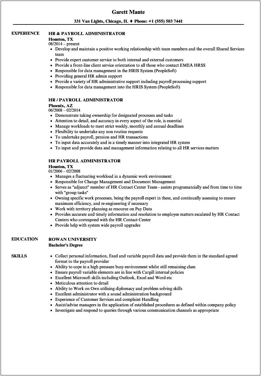Human Resources Manager Payroll Resume Sample