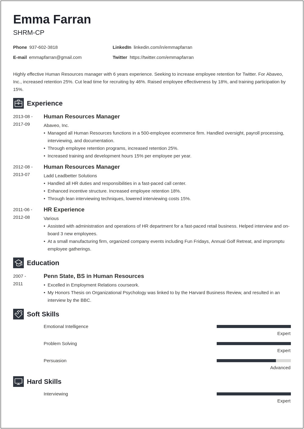 Human Resources Resume Examples Professional Summary