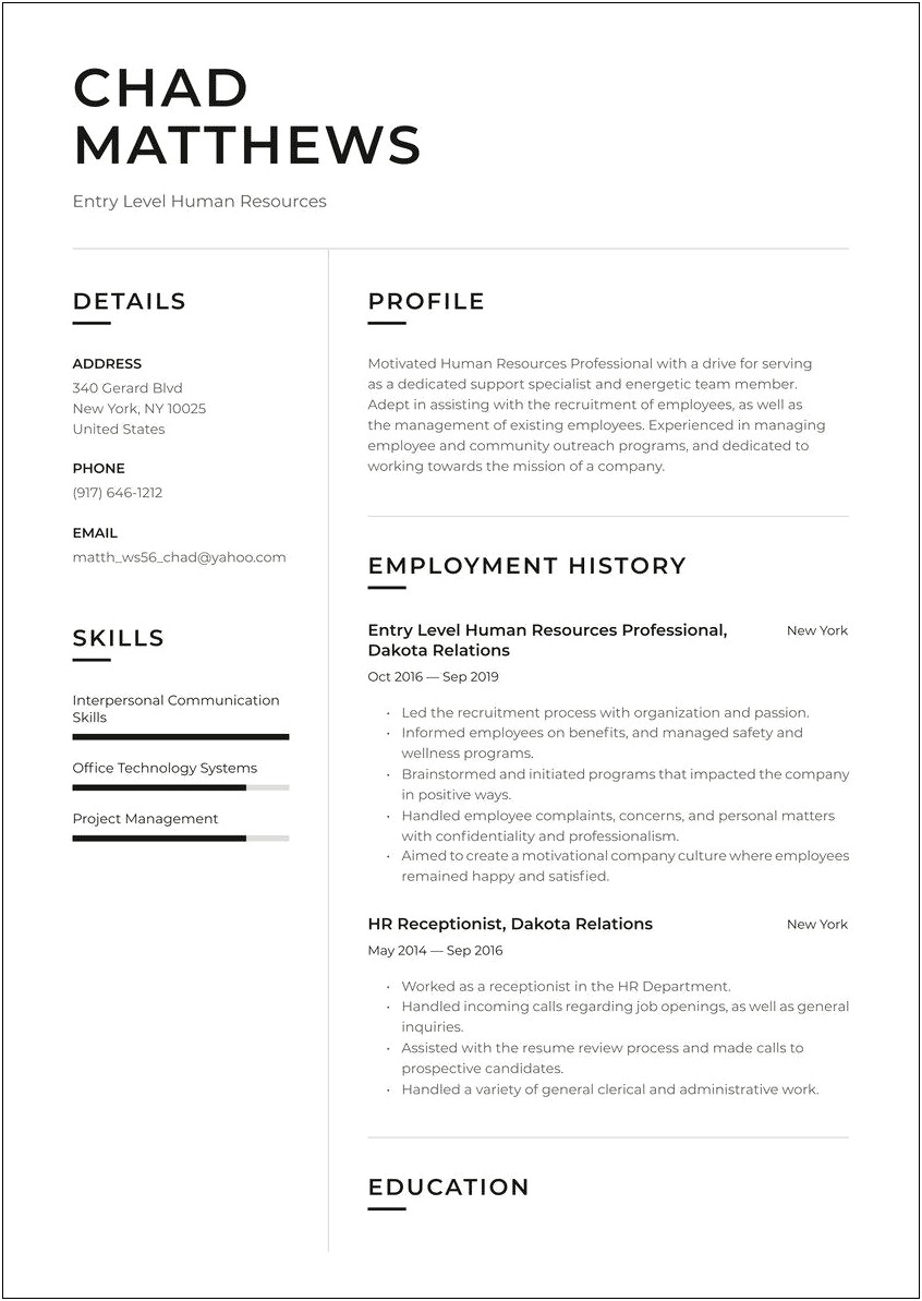 Human Resources Resume Sample Entry Level