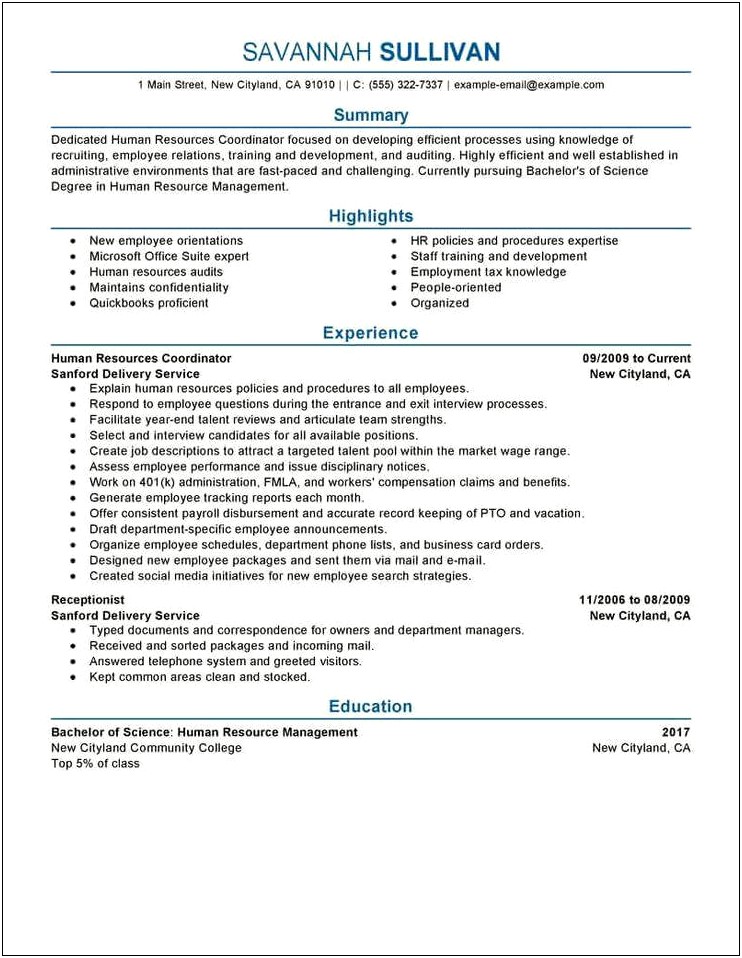 Human Resources Resume Samples Professional Summary
