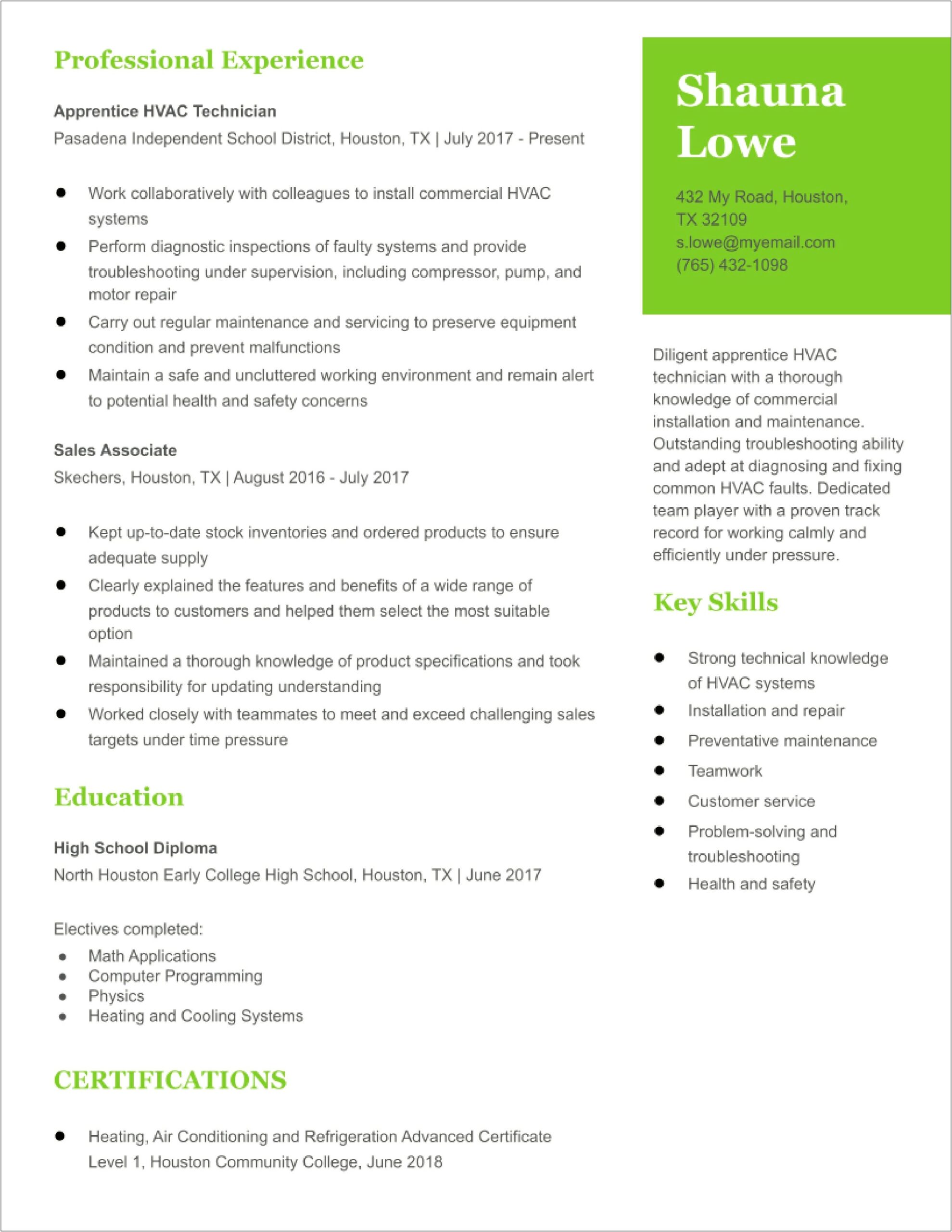 Hvac Apprentice Job Description For Resume