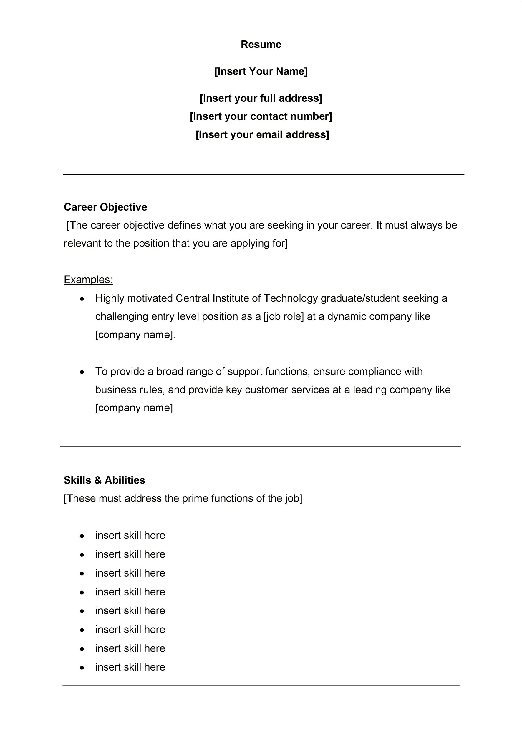 Ideas For Job Objectives On A Resume