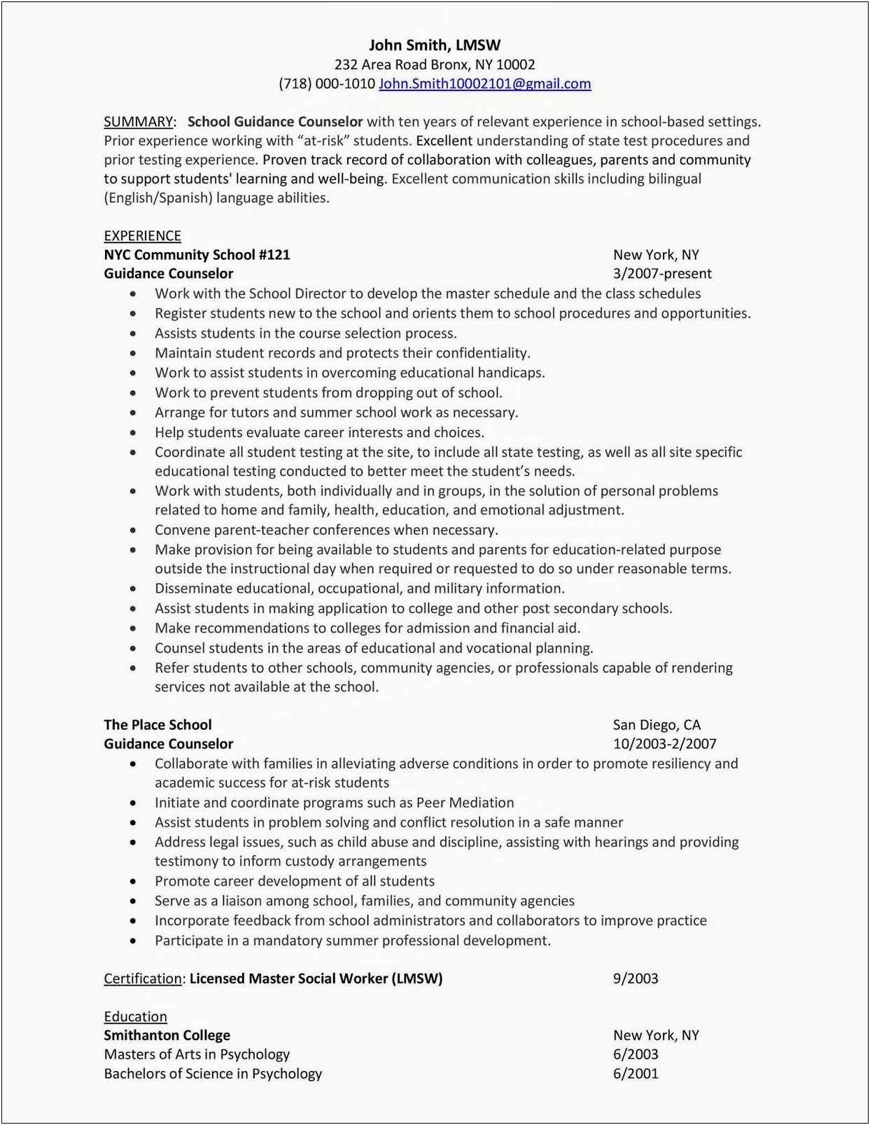 Impressive Resume For Guidance Counselor Jobs