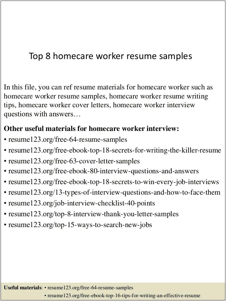 In Home Care Provider Resume Sample