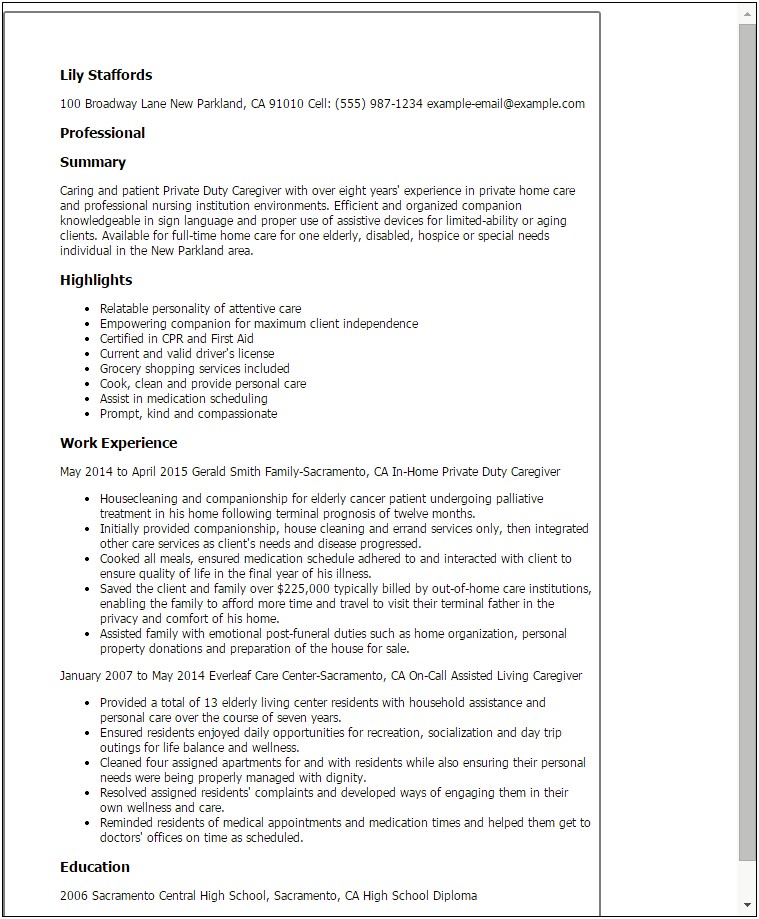 In Home Caregiver Job Description For Resume
