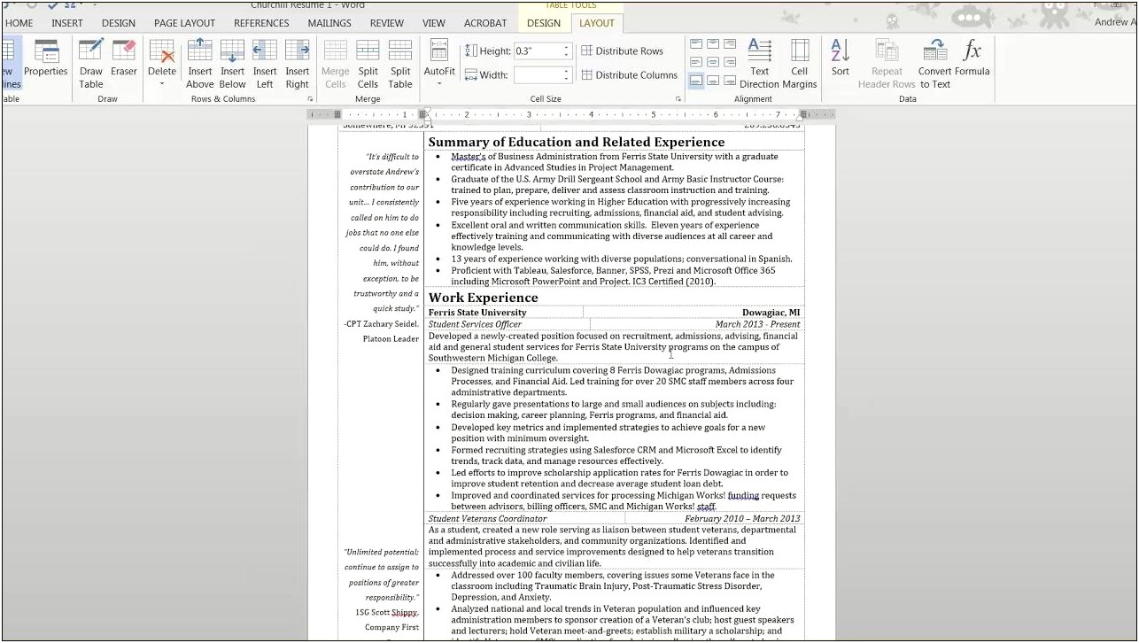 In Word Resume Set Up As A Table