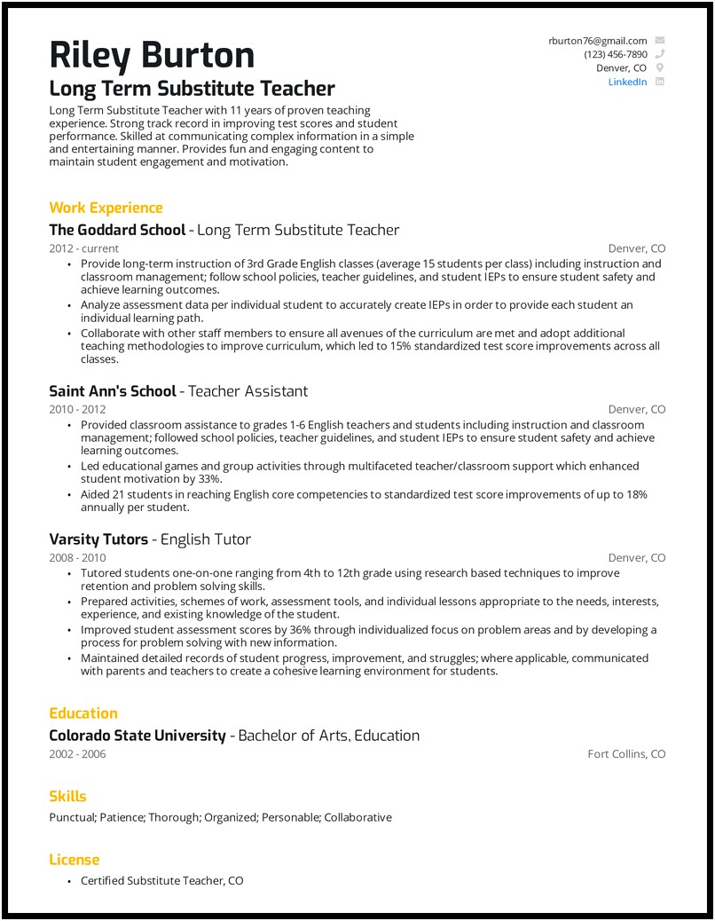 Include Non Teaching Experience On Teacher Resume