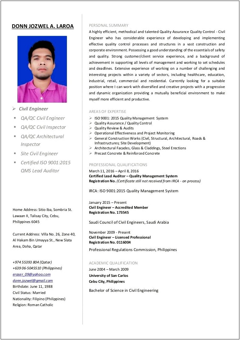Independent Structural Engineer Sample Resume Philippines
