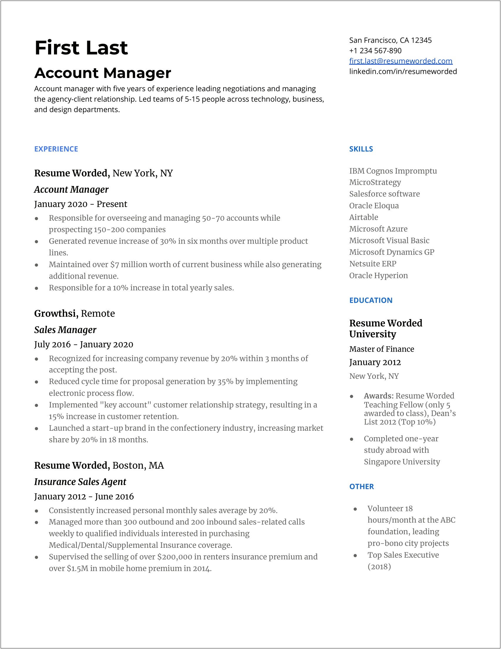 Individual Skills For Resume Account Manager