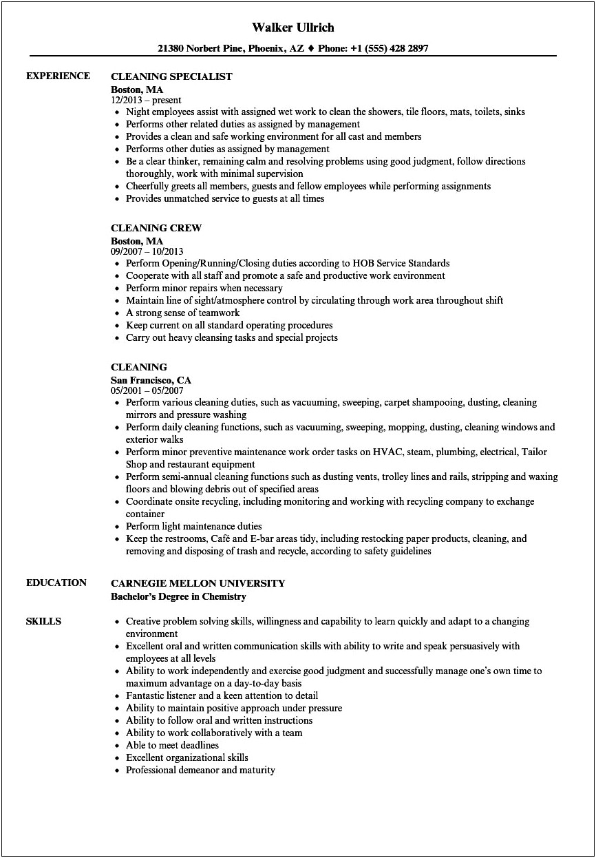 Industrial Cleaner Job Description For Resume