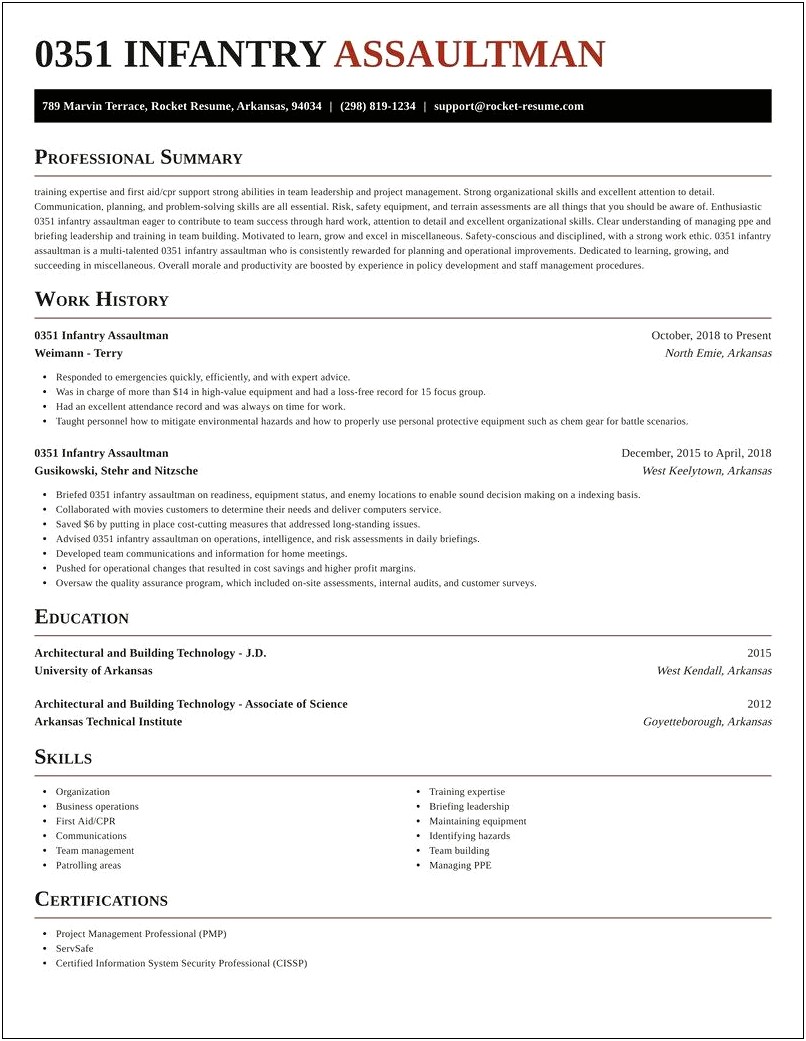 Infantry Skills And Certifications For Resume