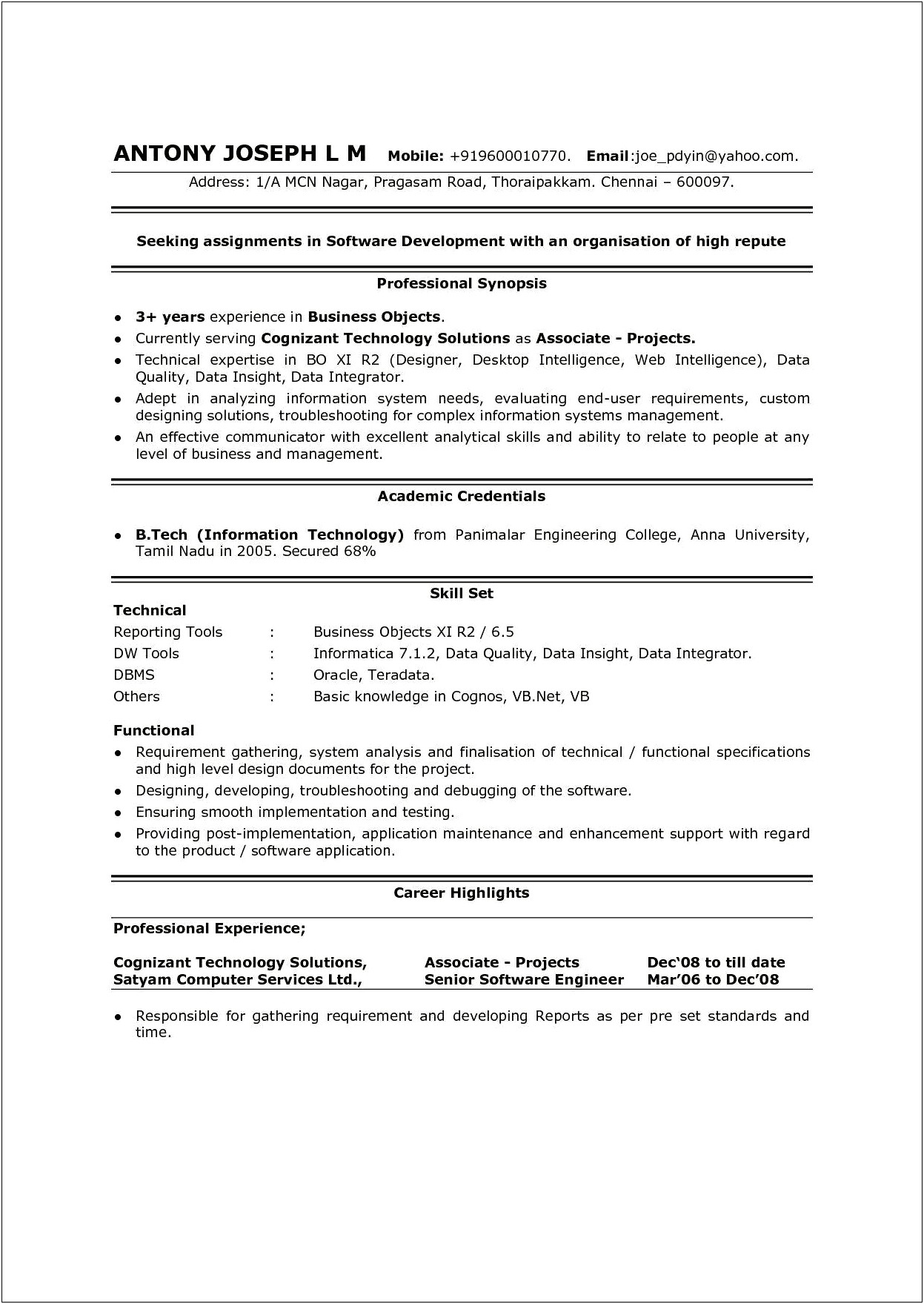 Informatica Resume For 3 Years Experience