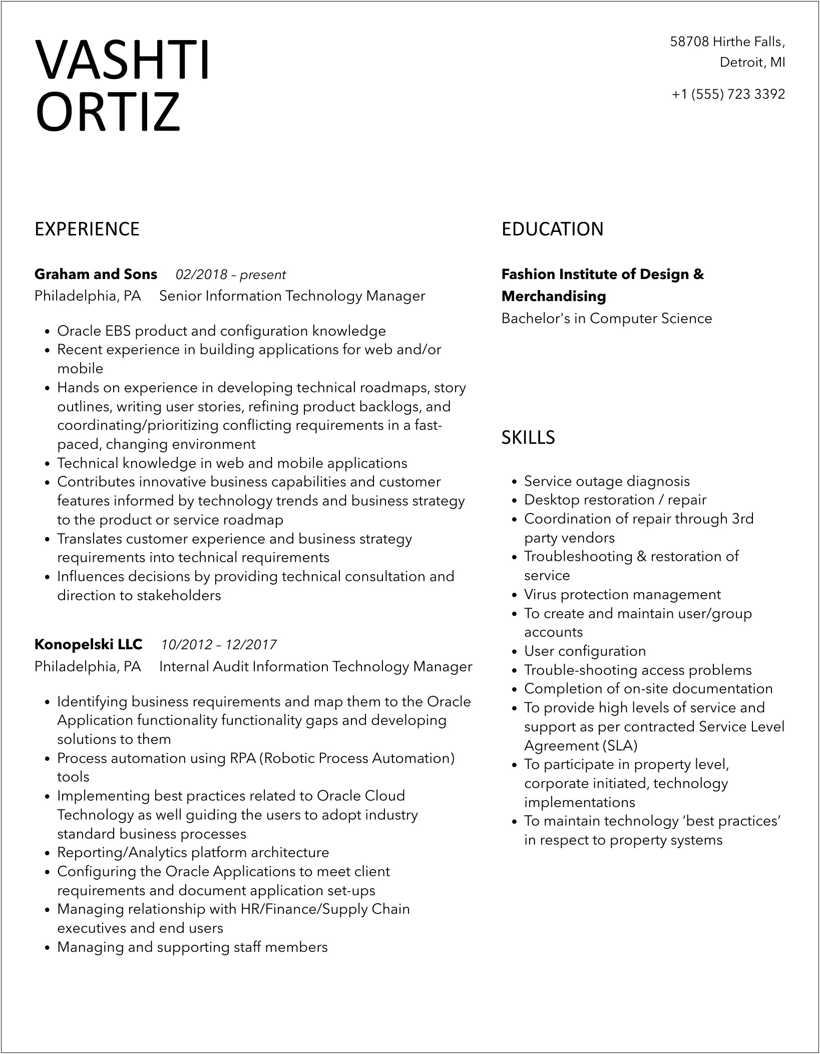 Information Technology Manager Resume Examples 2017