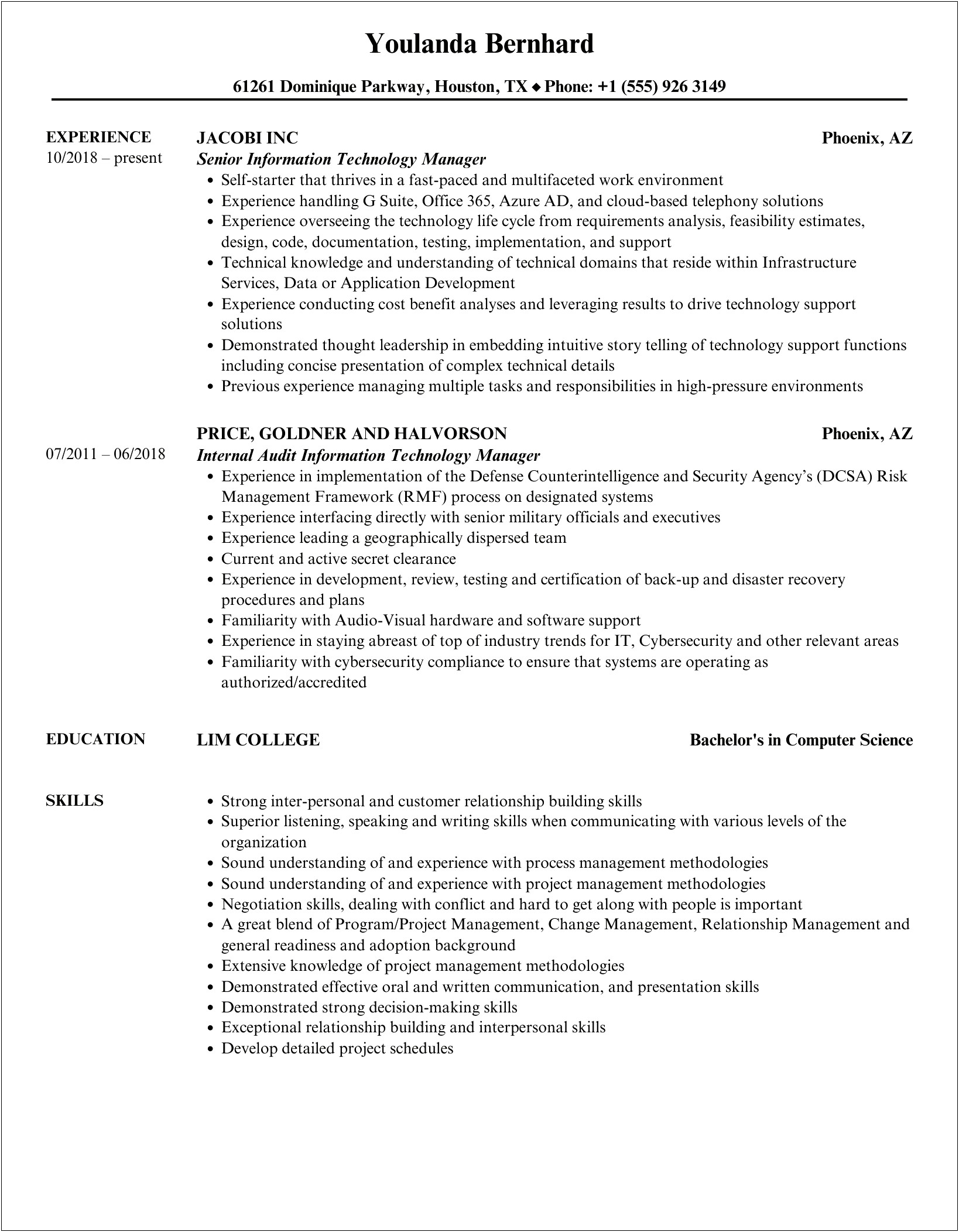 Information Technology Manager Resume With No Experience