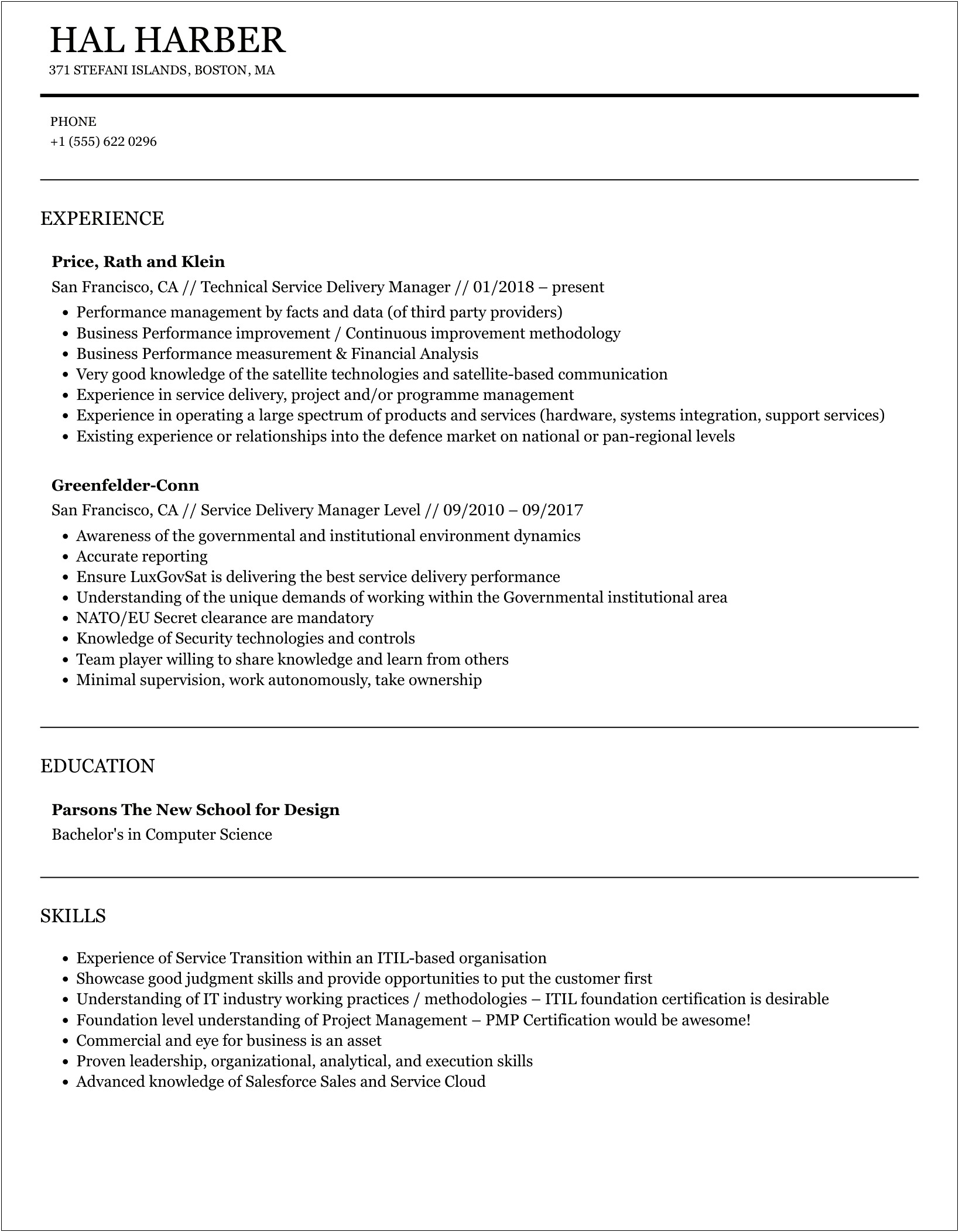 Information Technology Service Delivery Manager Resume
