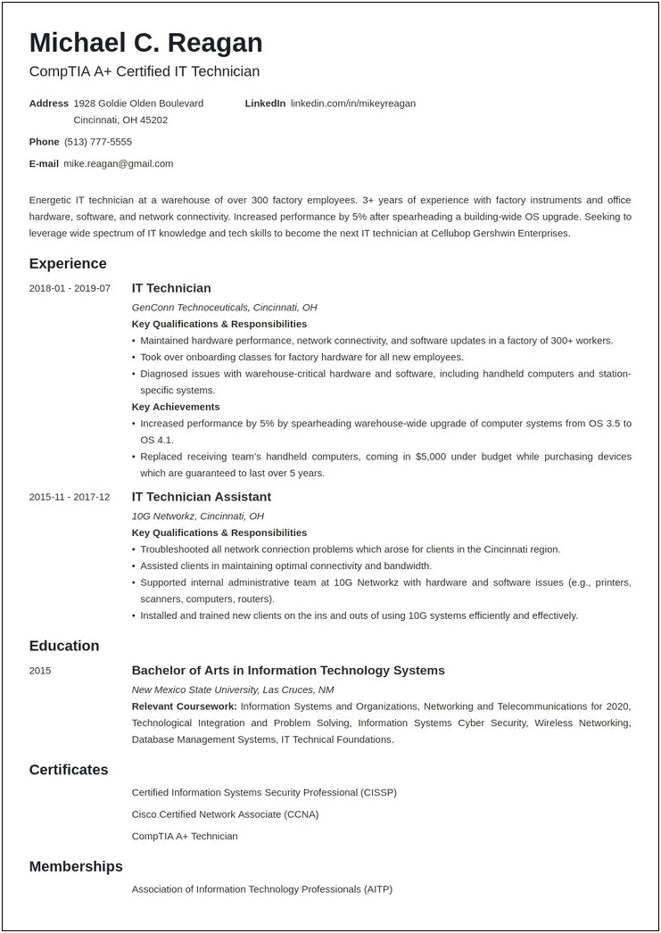 Information Technology Specialist Job Description Resume