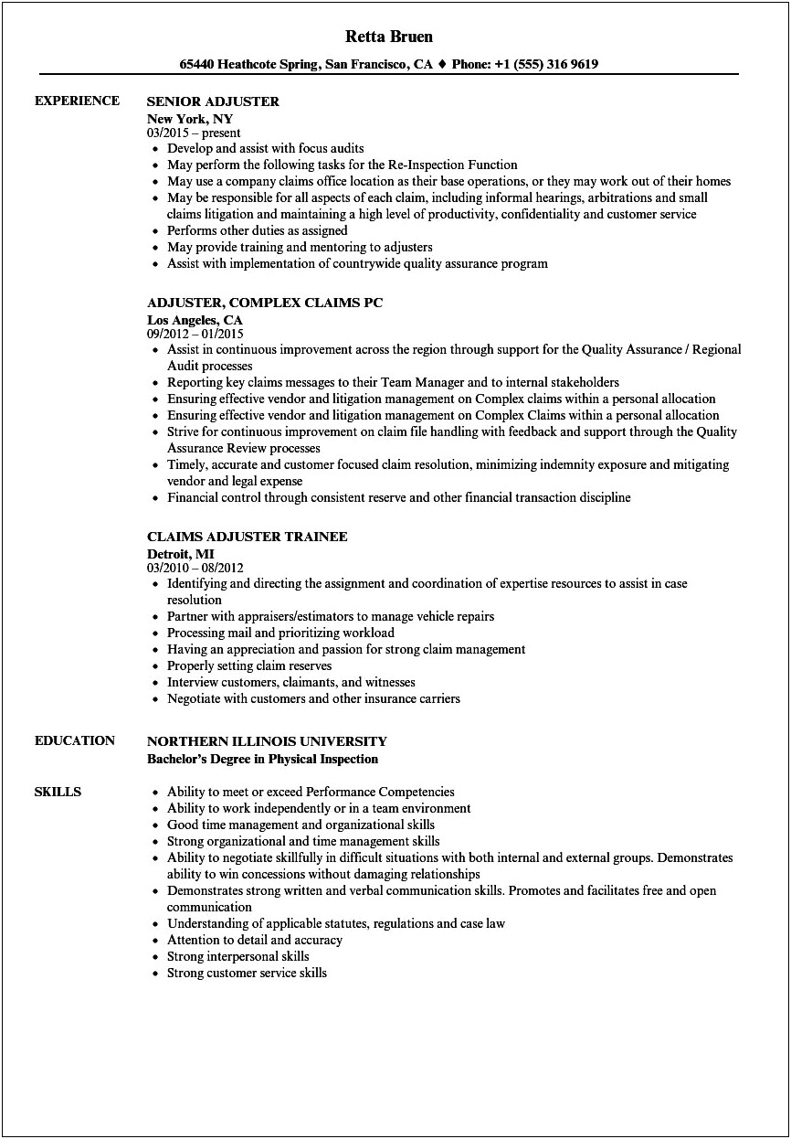 Insurance Adjuster Job Description For Resume