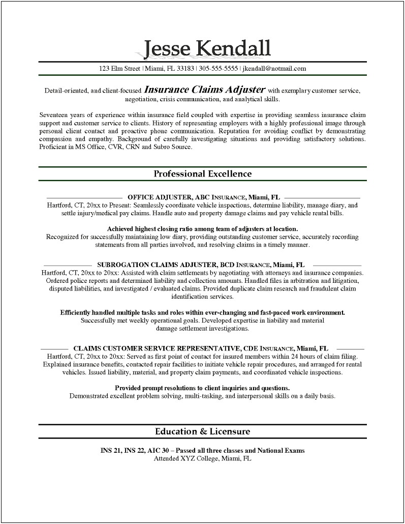 Insurance Claims Adjuster Resume Summary Examples