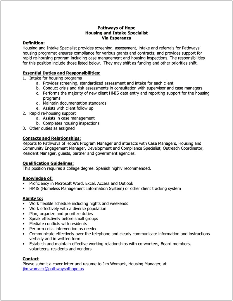 Intake Specialist Job Description For Resume
