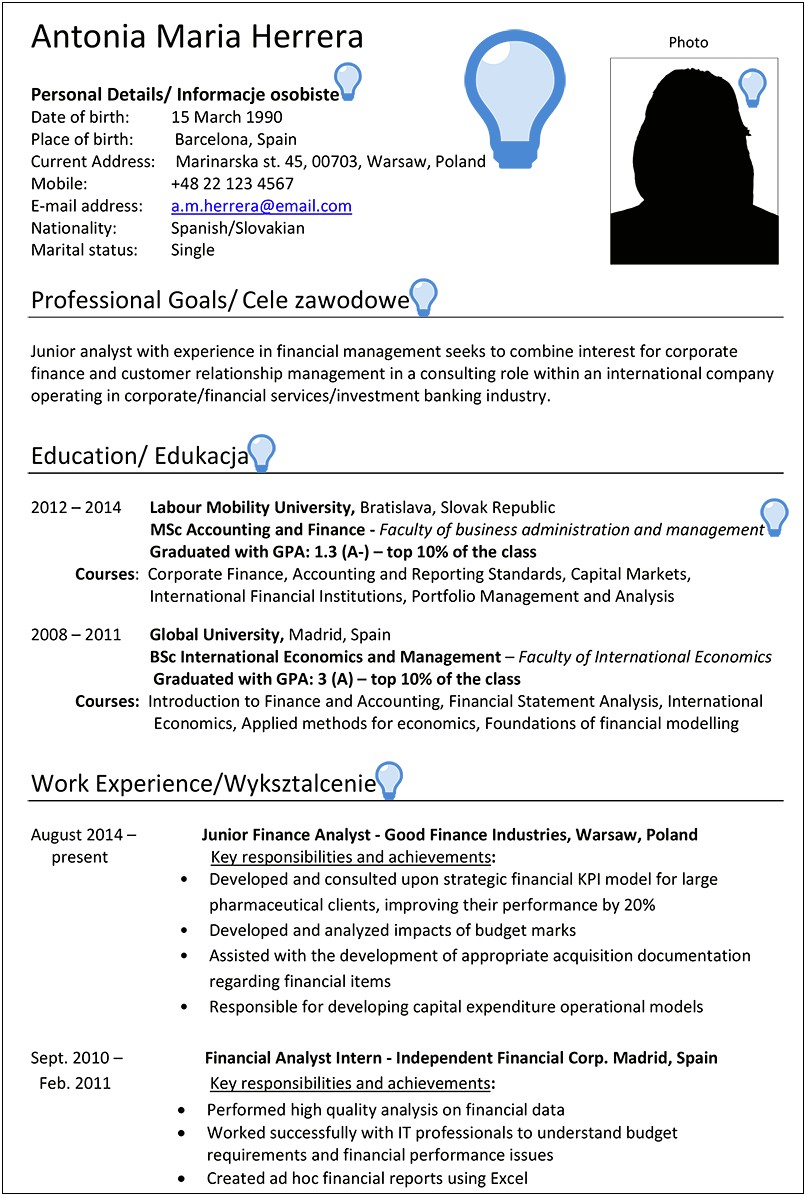 International Resume Format For Banking Jobs