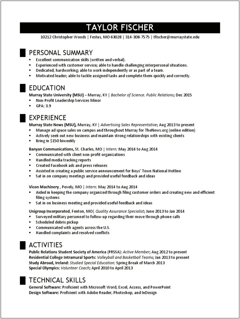 Intramural Sports Official Resume In Word Format