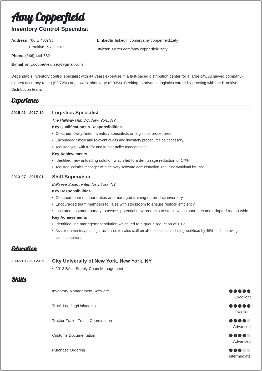 Inventory And Shipping Specialist Resume Sample
