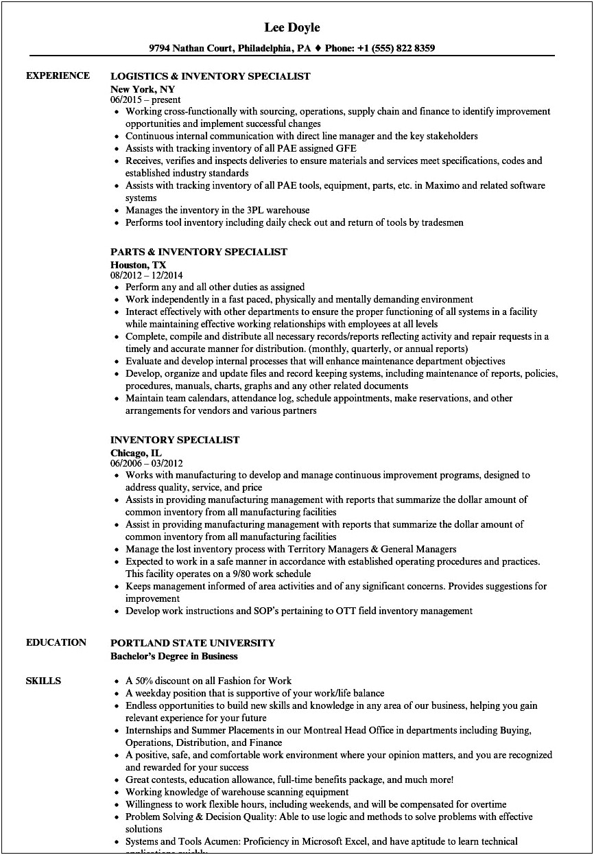 Inventory Control Specialist Job Description For Resume