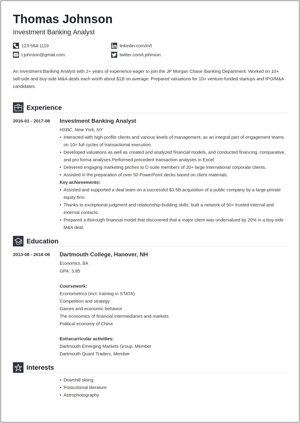 Investment Banking Financial Analyst Resume Sample
