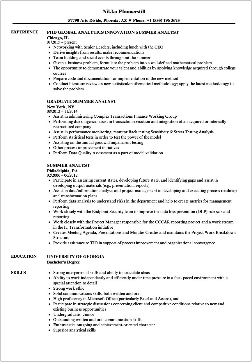 Investment Banking Summer Analyst Resume Example