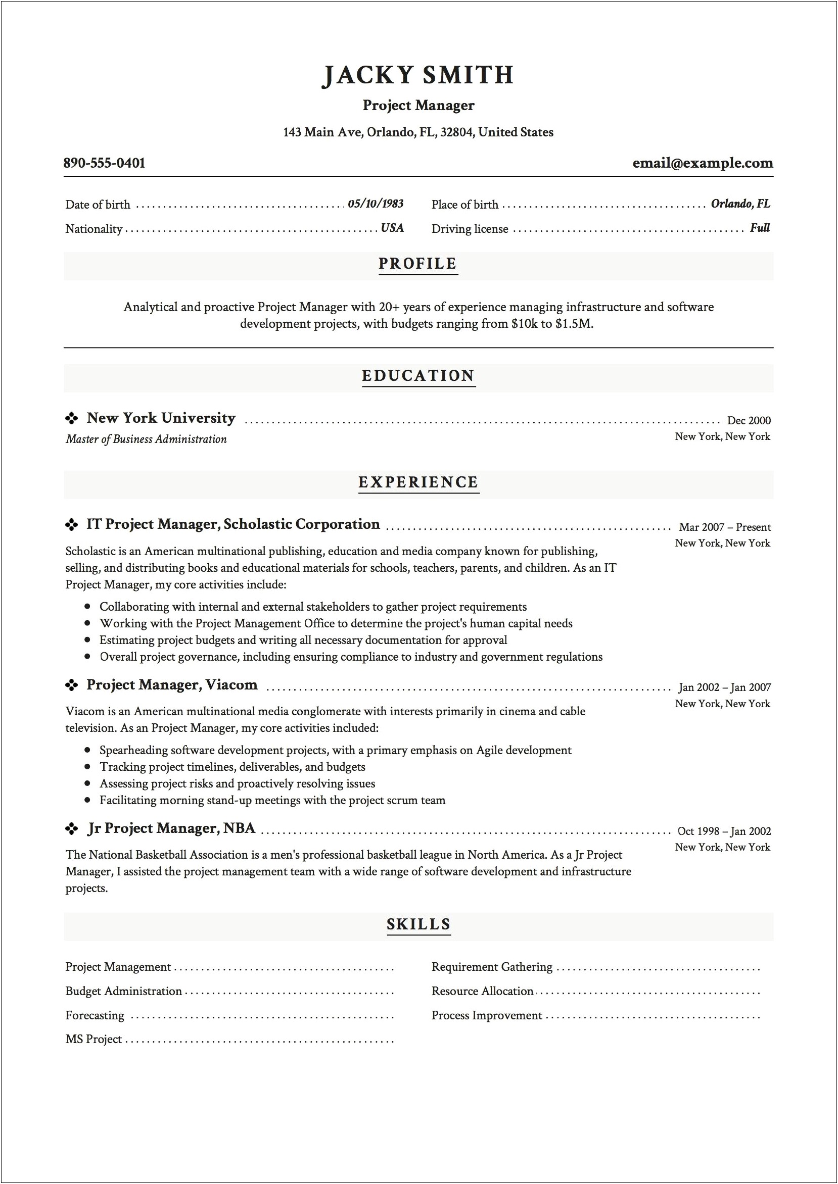 It Infrastructure Project Manager Resume Sample