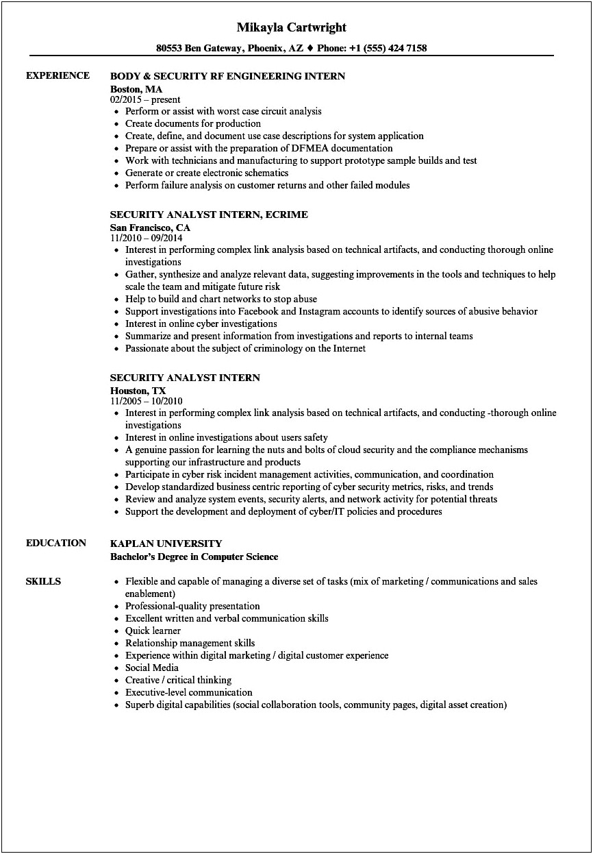 It Network Security Resume Summary Example