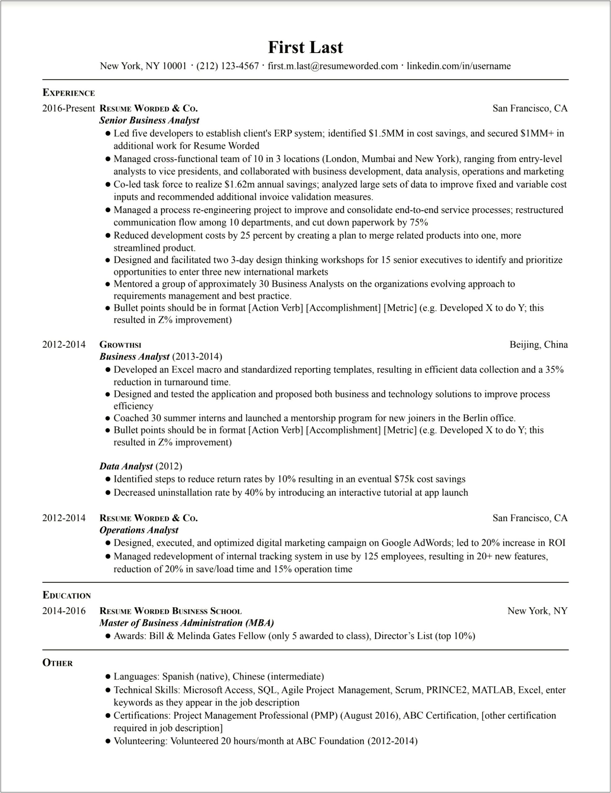 It Project Manager Business Analyst Resume