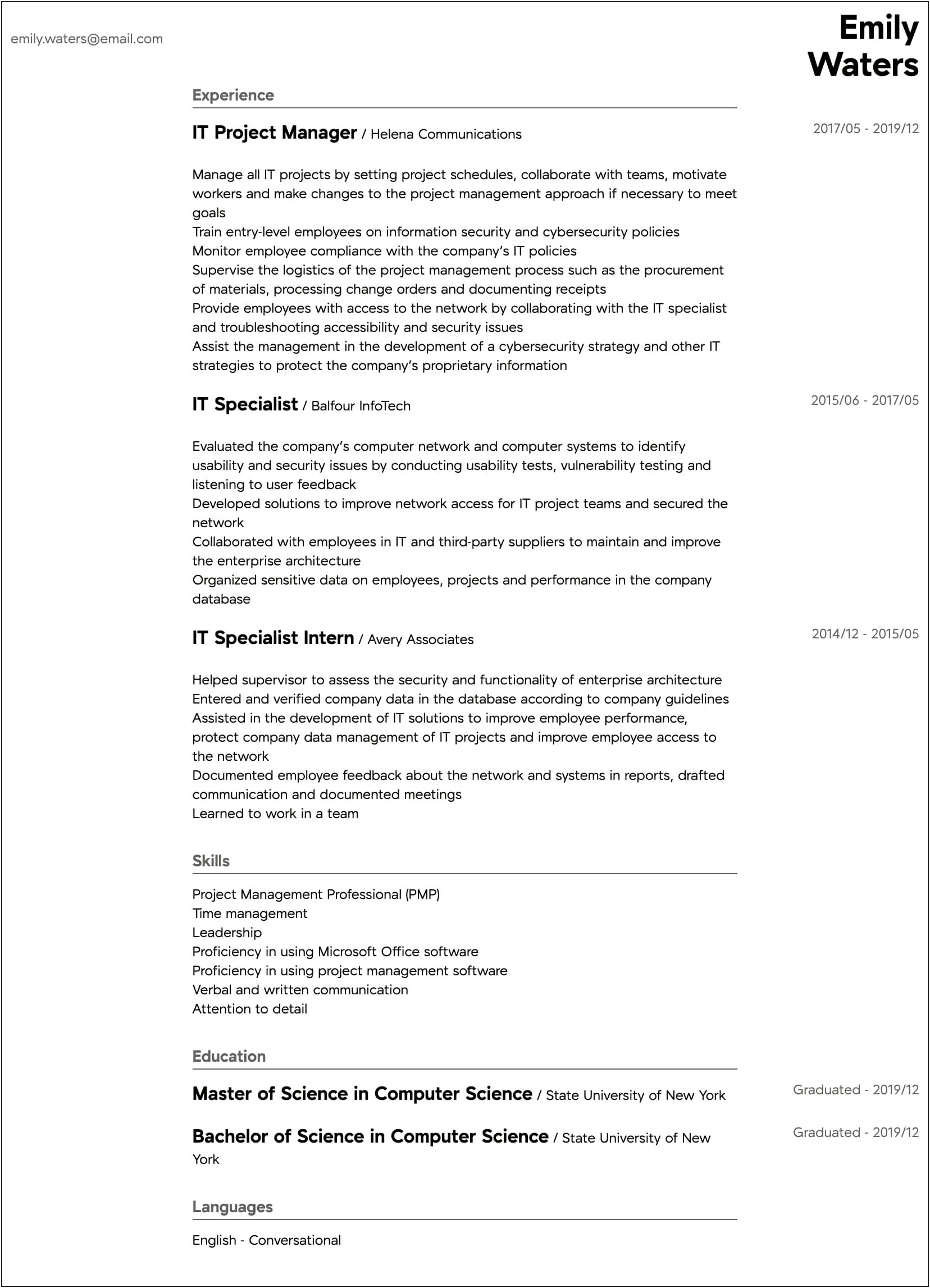 It Project Manager Resume Entry Level