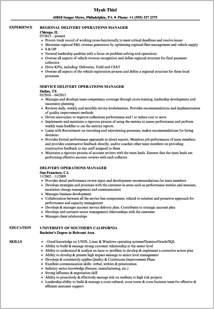 It Service Delivery Manager Resume Summary