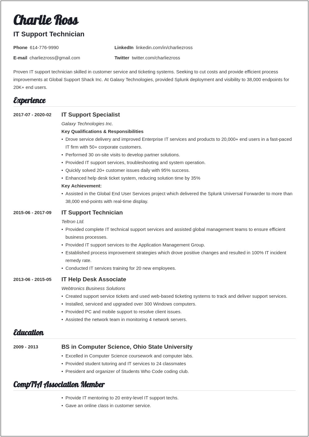 It Technical Support Job Description For Resume