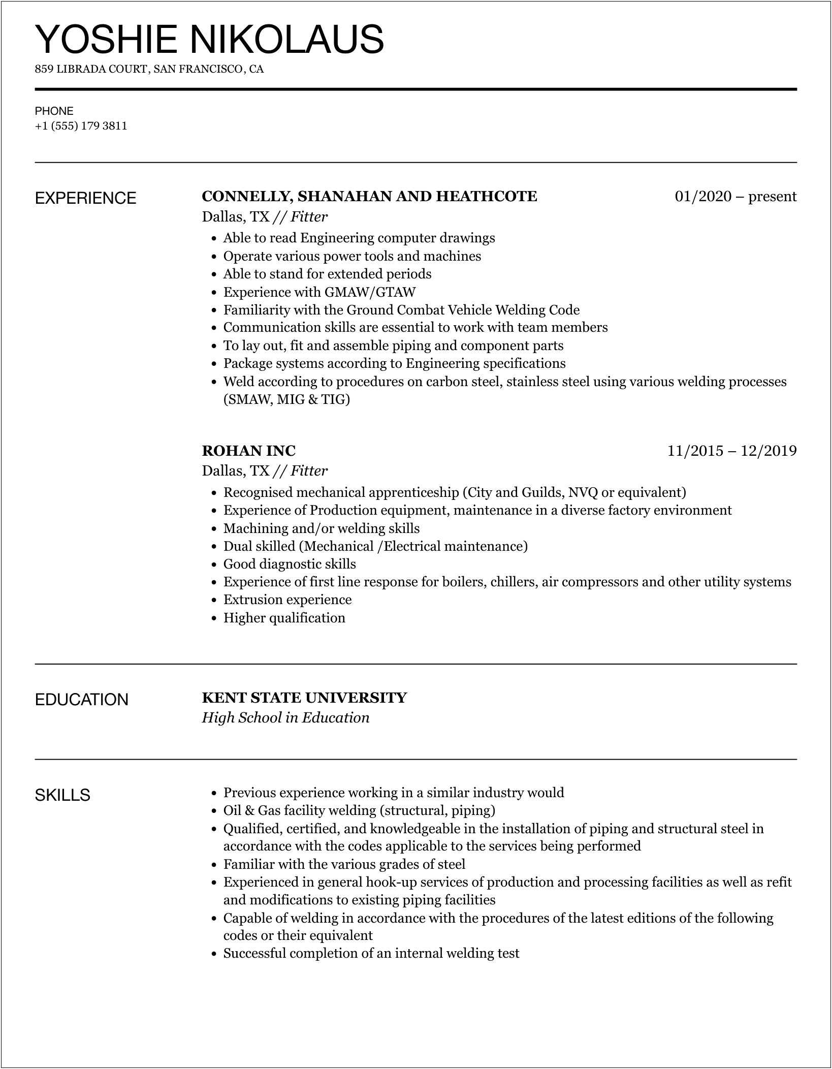 Iti Fitter Experience Resume Format Word