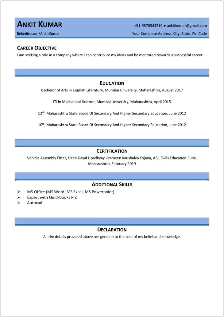 Iti Fitter Resume Format Word Free Download