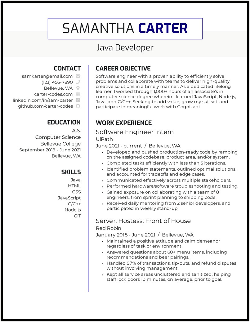 Java 1 Year Experience Resume Format